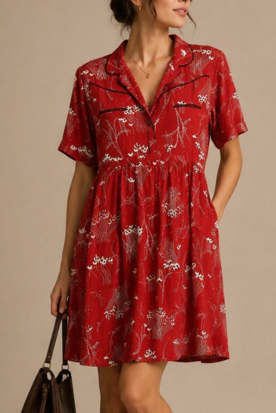 Ba&sh Womens Floral Collared Shirt Dress Size 10 Red 60s Mod Teacher Retro Twee